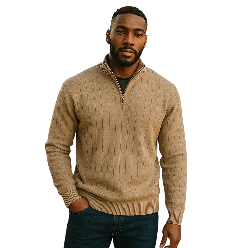 Vintage Hathaway Sweater - Tan Ribbed Knit - 100% Italian Lambswool Quarter Zip